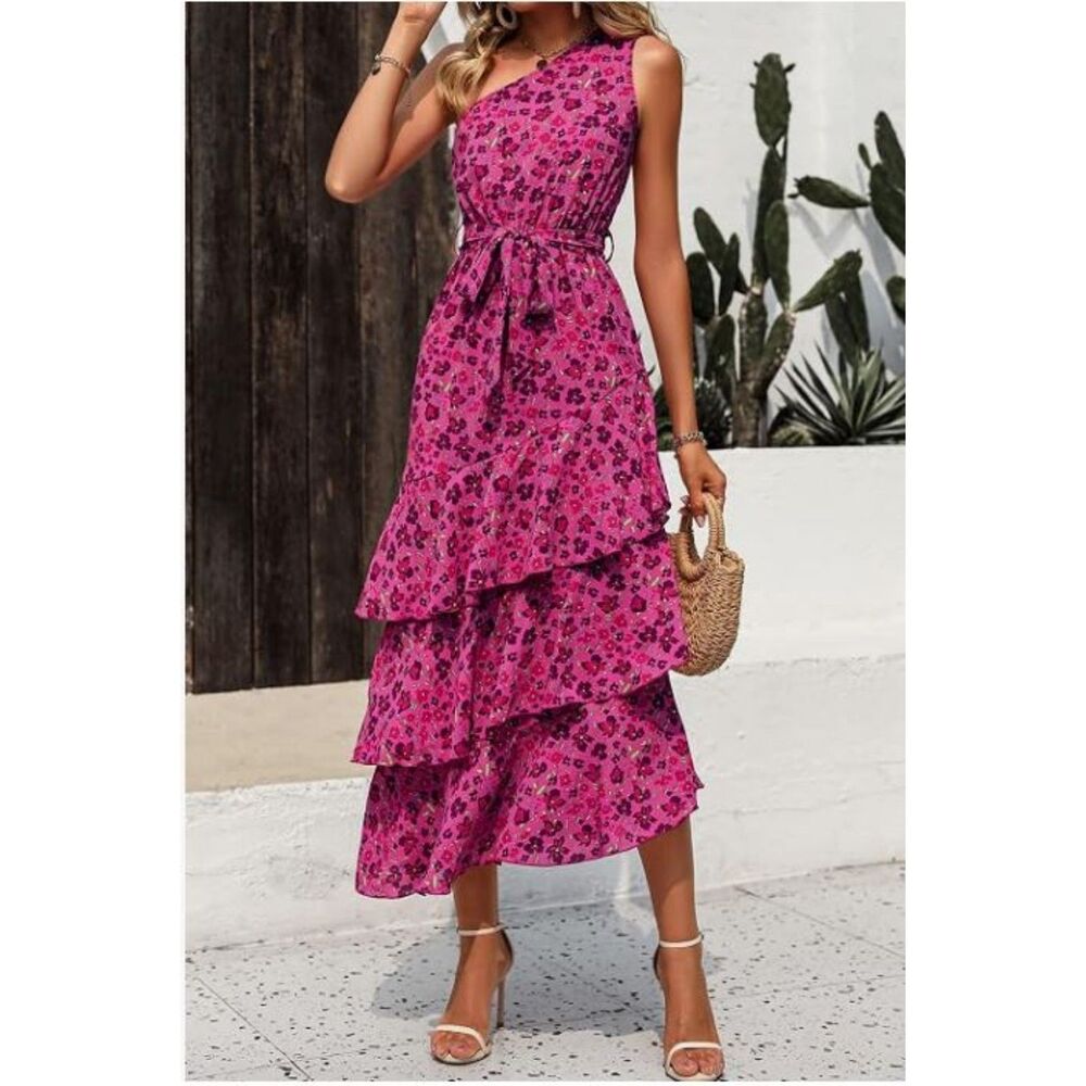 Pretty Garden Women's One-Shoulder Pink Floral Tiered Midi Dress Size Medium NWT